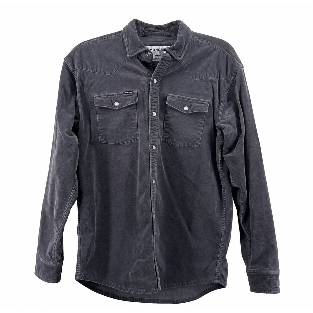 Poncho Western Pearl Snap Corduroy Shirt Men Medium Regular Fit Gray Stretch